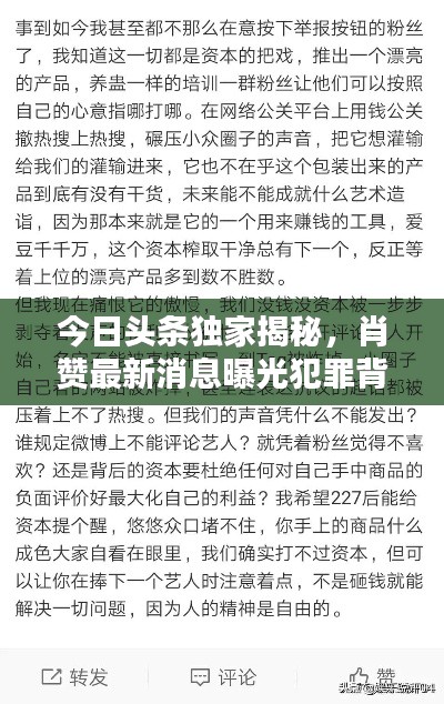 今日头条独家揭秘，肖赞最新消息曝光犯罪背后真相
