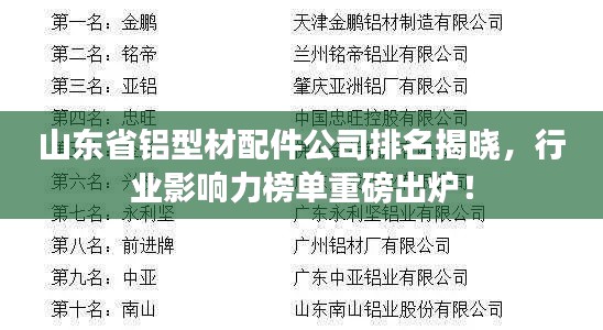 山东省铝型材配件公司排名揭晓，行业影响力榜单重磅出炉！