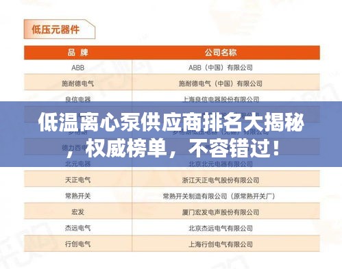 低温离心泵供应商排名大揭秘，权威榜单，不容错过！